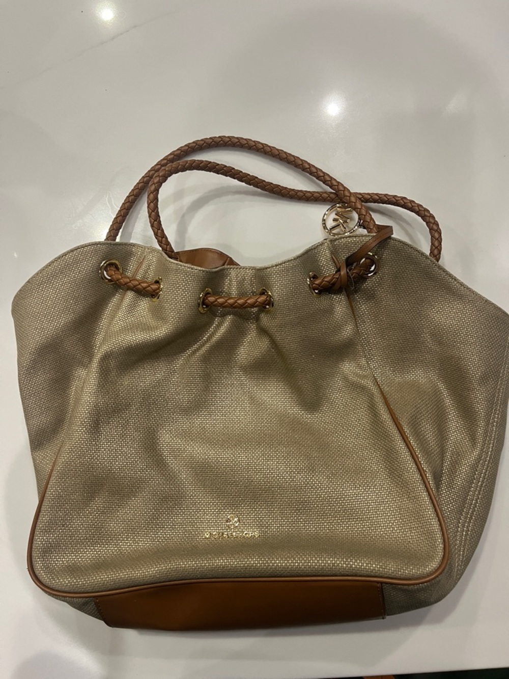 Michael Kors Beige Canvas Tote with Brown Trim and Braided Handles